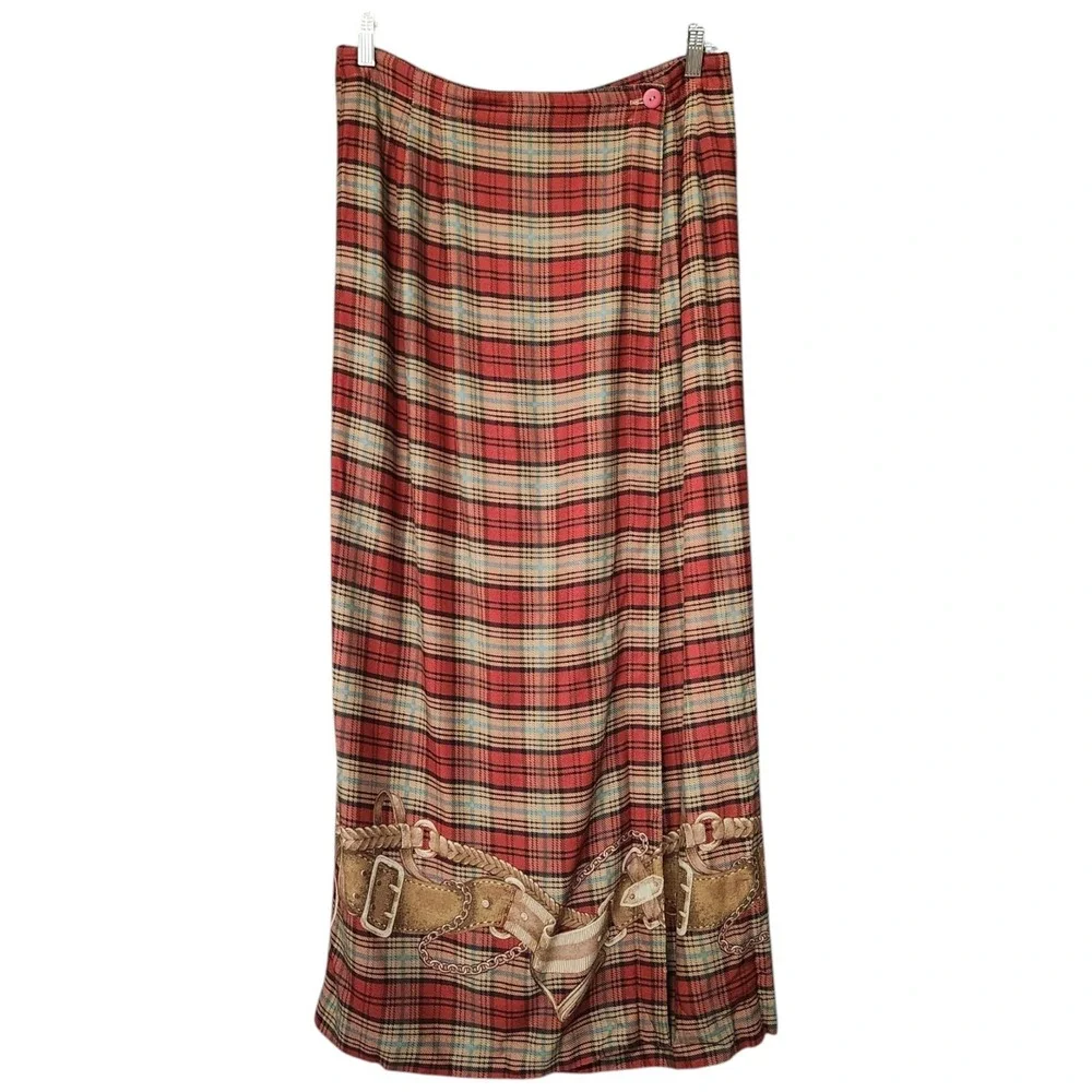 Vtg Stonebridge 1990s Plaid Belting Equestrian Academia Wrap Maxi Skirt sz 14
